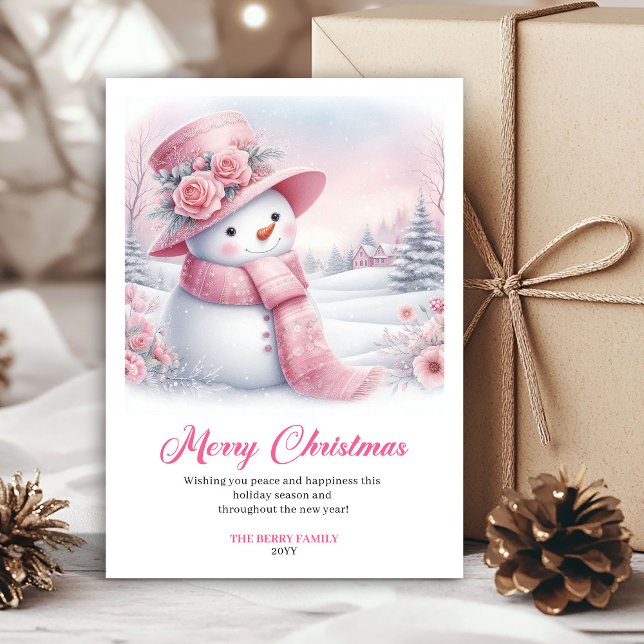 Joyful pink snowman Christmas greeting card digita Julkort (Joyful pink snowman Christmas greeting card editable file)