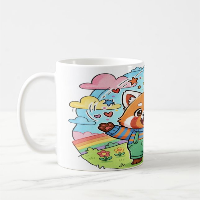 Joyful Red Panda Music & Rainbow Mug - Cute Animal Kaffemugg (Vänster)