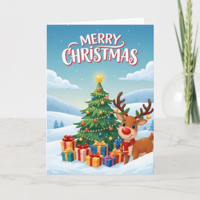 Joyful Reindeer Christmas Tree Greeting Card Kort (Framsida)