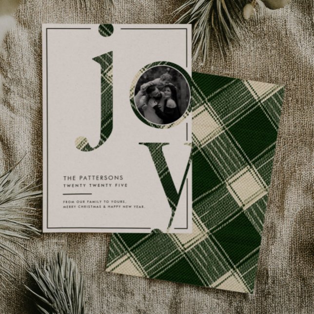 Joyful Rustic Green Gingham Family Photo Christmas Julkort (Skapare uppladdad)