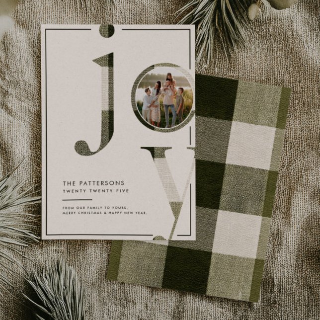 Joyful Rustic Green Plaid Family Photo Christmas Julkort (Skapare uppladdad)
