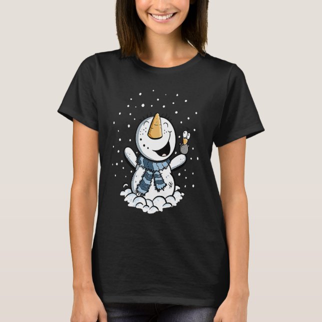 Joyful Snowman In The Snow Winter Theme T Shirt (Framsida)