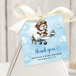 Joyful Teddy Bear Pilot Airplane Blue Brown Baby  Gåvor Etiketter