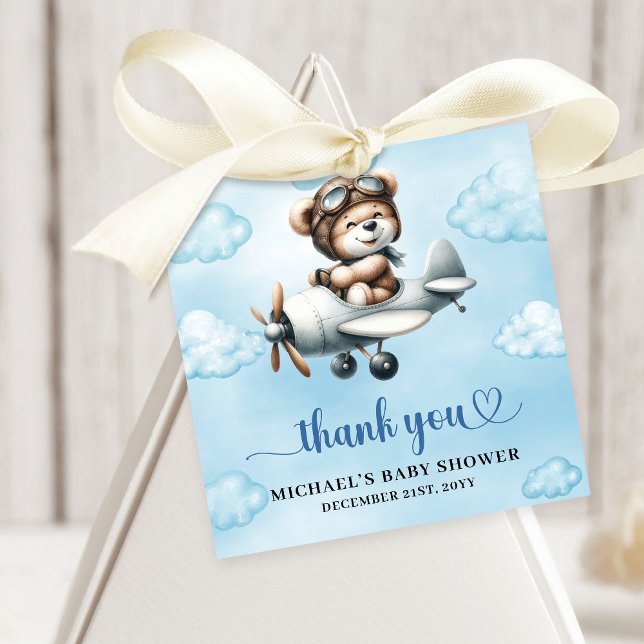 Joyful Teddy Bear Pilot Airplane Blue Brown Baby  Gåvor Etiketter (Joyful Teddy Bear Pilot Airplane Blue Brown Baby Shower Favor Tag

)