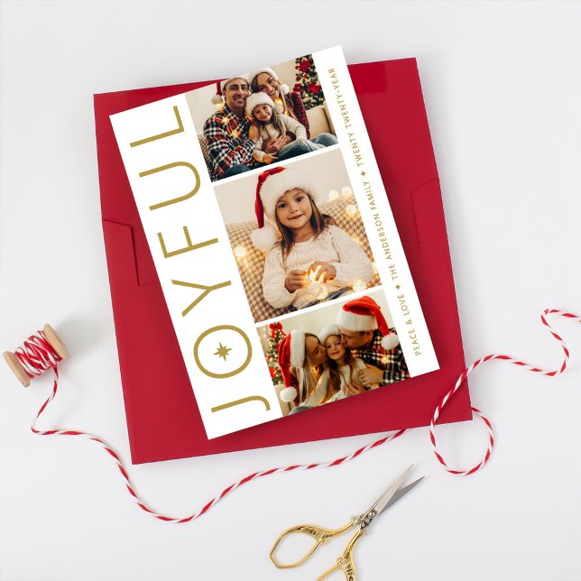 Joyful Three Photo White and Antique Gold Julkort (Skapare uppladdad)