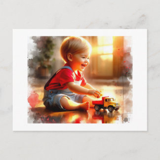 Joyful Toddler Playing With A Toy Truck,  Vykort