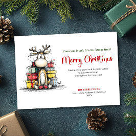 Joyful Whimsical Reindeer Holiday Greeting Card Julkort