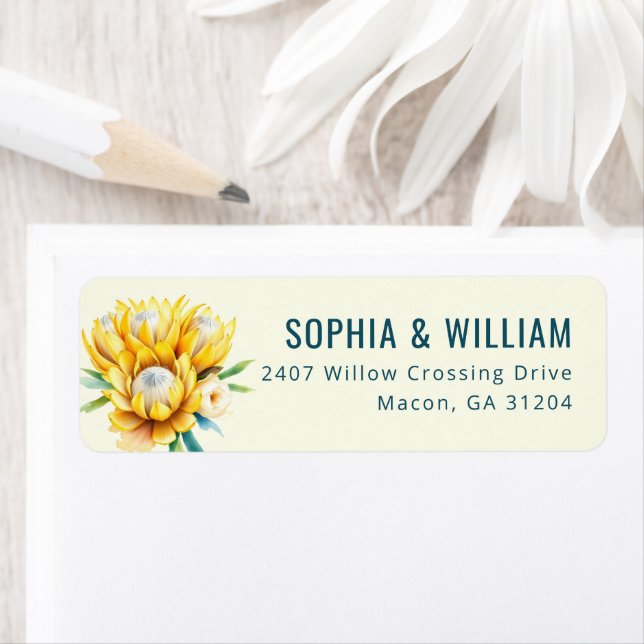 Joyful Yellow Watercolor Protea Returadress Etikett (Insitu)