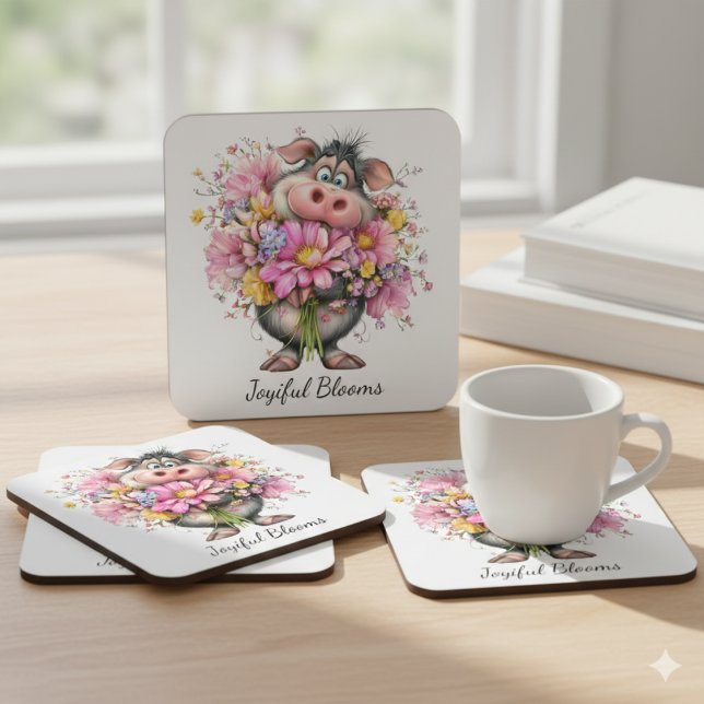 Joyiful Blooms Cute Pig Floral Coaster Underlägg Papper Kvadrat (Skapare uppladdad)