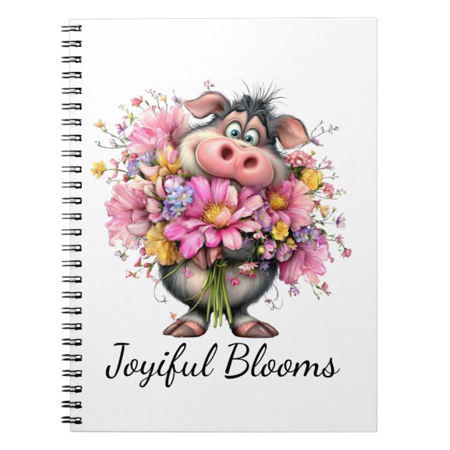 Joyiful Blooms: Cute Pig & Floral Spiral Notebook Anteckningsbok (Framsidan)