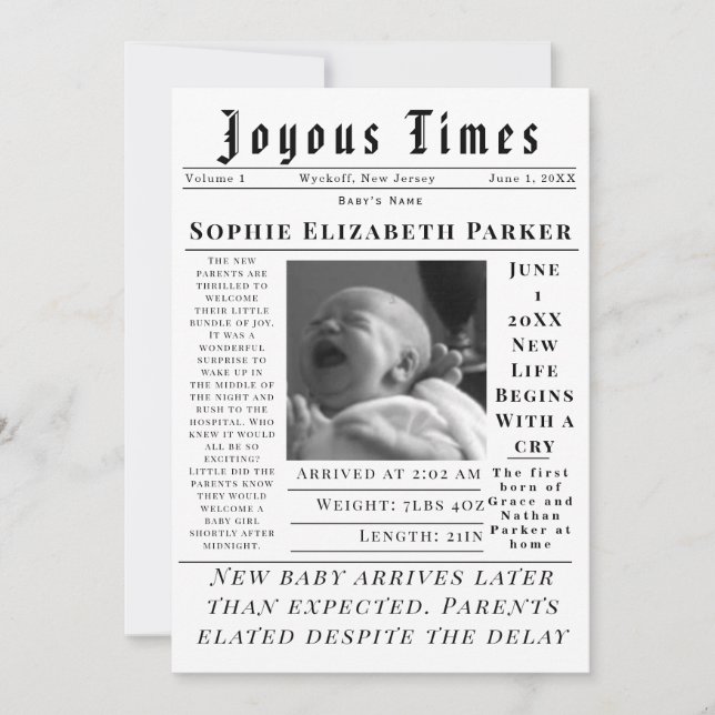 Joyous Newborn Times Birth Meddelande (Framsida)