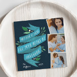 Joyous Tidings | Fotkort för Square Hanukkah Julkort<br><div class="desc">Fyrkantigt illustrerad Fyrkantig helgdag innehåller tre foton i en samlingslayout. "May kärlek och light fill your eart at Hanukkah" visas på den lämnat i handskriven typografi på ett blått vattenfärgband,  accentuerat med grönt löv och vita bär. Anpassa med namn och året.</div>