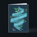 Joyous Tidings | Hanukah-kort med insida foto Helgkort<br><div class="desc">Elegant-vikta helgdagskort har "Kan kärlek och ljus fylla ditt hjärta vid Hanukkah" i handskriven typografi på ett blått vattenfärgband som accentueras med grönt löv och vita bär. Anpassa med din familj namn och året i vitt på en marin blå bakgrund och anpassa insidan med tre foton och en anpassningsbar förtryckt...</div>