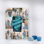 Joyous Tidings | Hanukkah Photo Collage Card Julkort<br><div class="desc">Ett vackert illustrerat Hanukkah-fotokort innehåller åtta foton som ordnats i en samlingslayout. "May kärlek och light fill your eart at Hanukkah" visas i mitten i handskriven typografi på ett blått vattenfärgband,  accentuerat med grönt löv och vita bär. Anpassa med namn och året.</div>