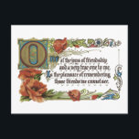 Joys of Vänskap Vykort<br><div class="desc">Reproduktion av vykort för vintage. Perfekt till jul, födelsedag, att tänka på dig, vilken tillfälle som helst. Textläsningar: "En av Vänskapens Joys, och en mycket sann sådan för mig, är nöjet att minnas de vänner vi inte kan se"</div>