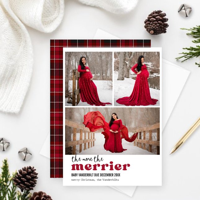 Ju mer reklamen för Merrier Photo Gravid visas Julkort (The more the merrier Christmas Pregnancy Announcement holiday card)