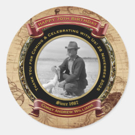 Jubileum Födelsedag Guld Foto Vintage Karta 70-års Runt Klistermärke