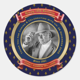 Jubileumsfödelsedag Guld Foto 70:e Sjuttio Blå Runt Klistermärke