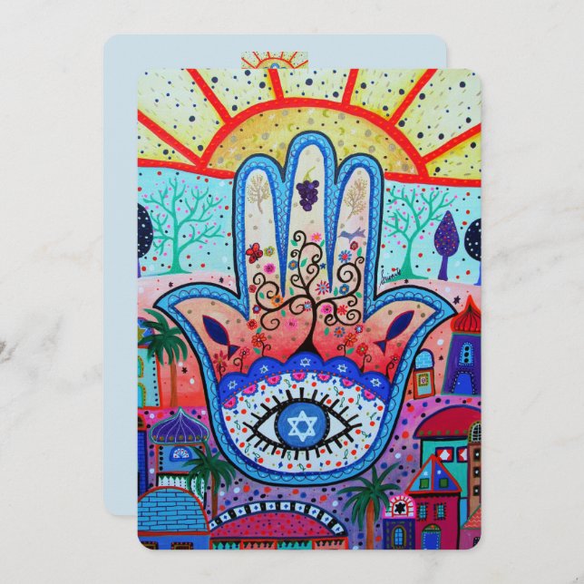 JUDAIC HAMSA FLADDERMUS PUB MITZVAH INVICATION INBJUDNINGAR (Fram/baksida)