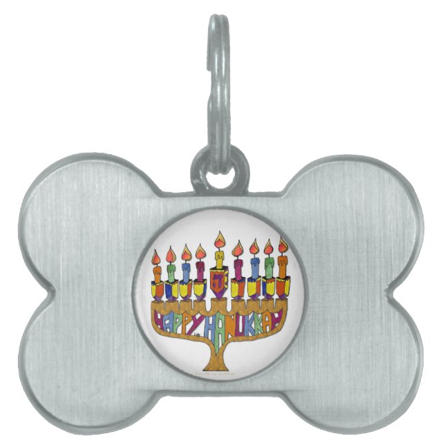 Judaica Glad Hanukkah Sladre Menorah ID-bricka Husdjur (Framsidan)