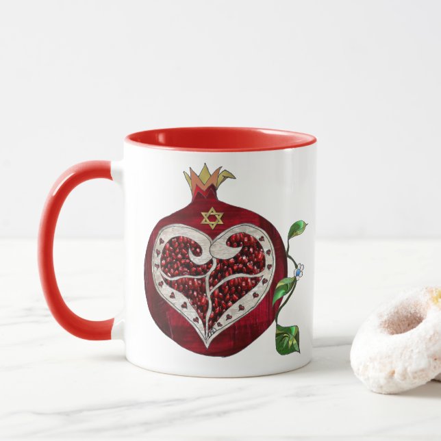 Judaica Granatäpple Hjärtan Hanukkah Rosh Hashanah Mugg (Med munk)