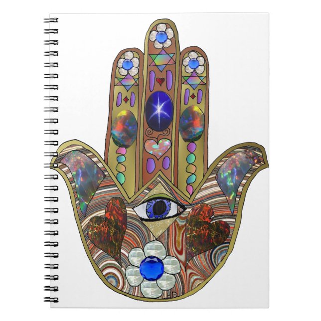 Judaica Hamsa Hearts Flowers Opal Art Skriv ut Anteckningsbok Med Spiral (Framsidan)