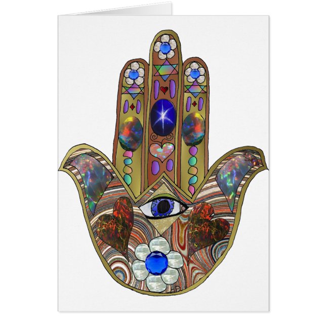 Judaica Hamsa Hearts Flowers Opal Art Skriv ut Hälsningskort (Framsidan)