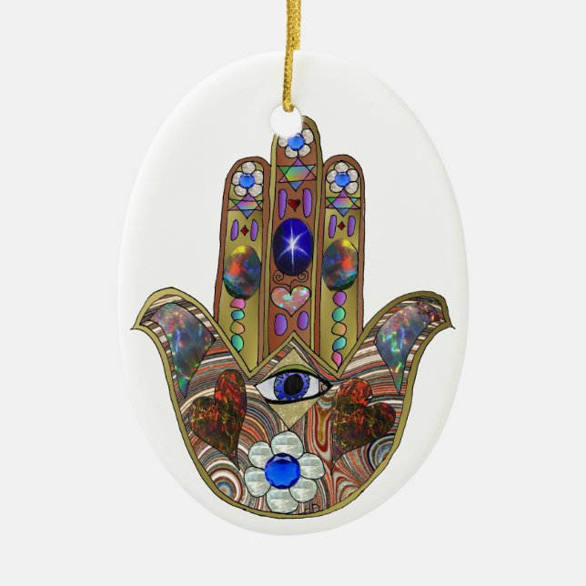Judaica Hamsa Hearts Flowers Opal Art Skriv ut Julgransprydnad Keramik (Framsidan)