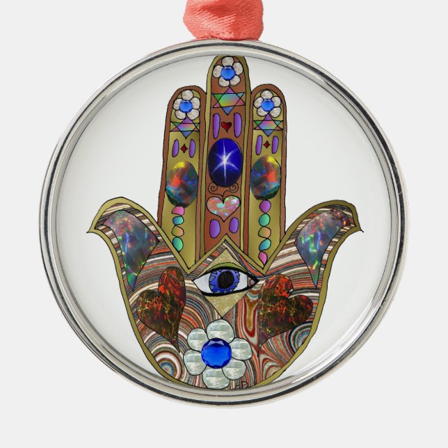 Judaica Hamsa Hearts Flowers Opal Art Skriv ut Julgransprydnad Metall (Framsidan)