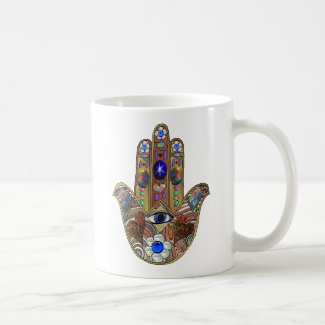Judaica Hamsa Hearts Flowers Opal Art Skriv ut Kaffemugg (Höger)