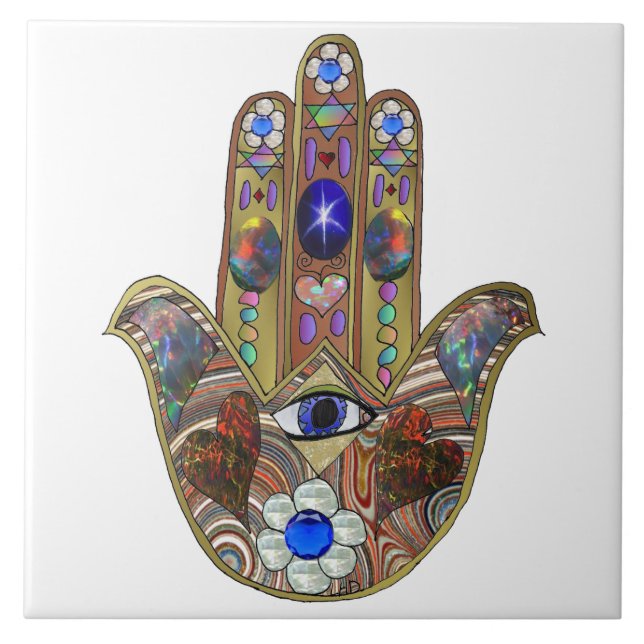 Judaica Hamsa Hearts Flowers Opal Art Skriv ut Kakelplatta (Framsidan)