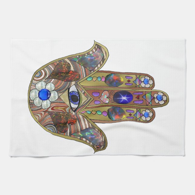 Judaica Hamsa Hearts Flowers Opal Art Skriv ut Kökshandduk (Horisontell)