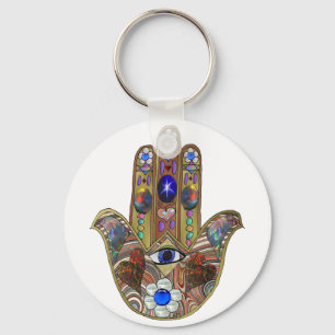 Judaica Hamsa Hearts Flowers Opal Art Skriv ut Nyckelring