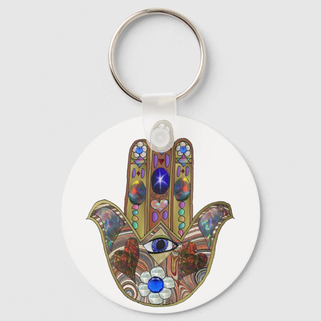 Judaica Hamsa Hearts Flowers Opal Art Skriv ut Nyckelring (Framsida)