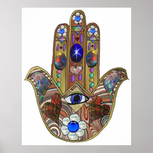 Judaica Hamsa Hearts Flowers Opal Art Skriv ut Poster (Framsidan)