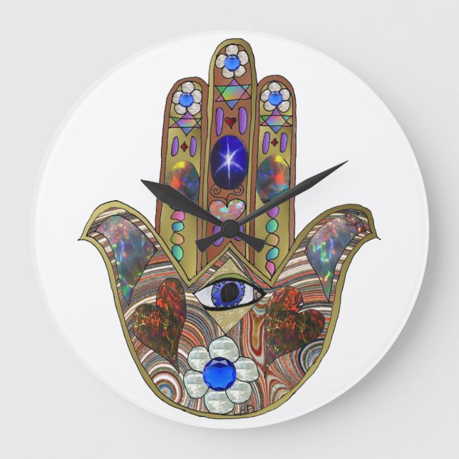 Judaica Hamsa Hearts Flowers Opal Art Skriv ut Stor Klocka (Framsida)