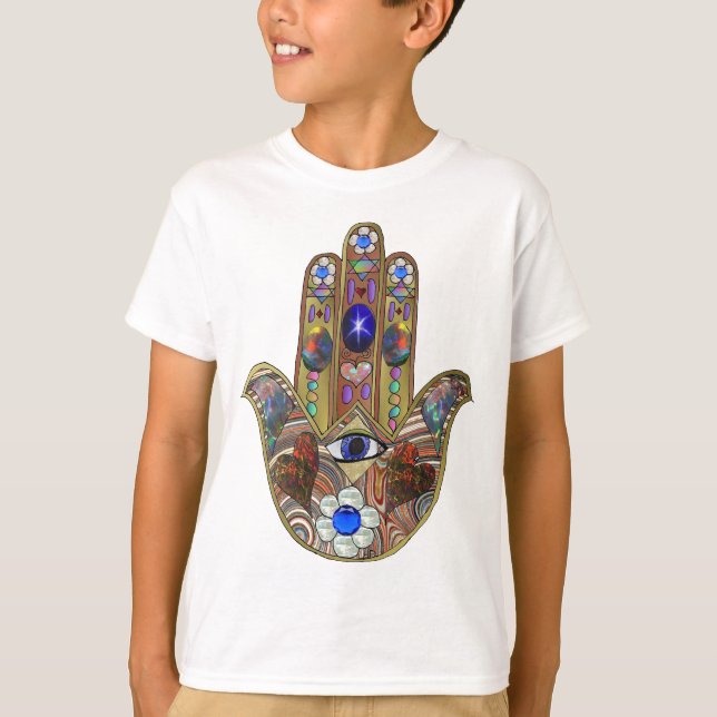 Judaica Hamsa Hearts Flowers Opal Art Skriv ut T Shirt (Framsida)