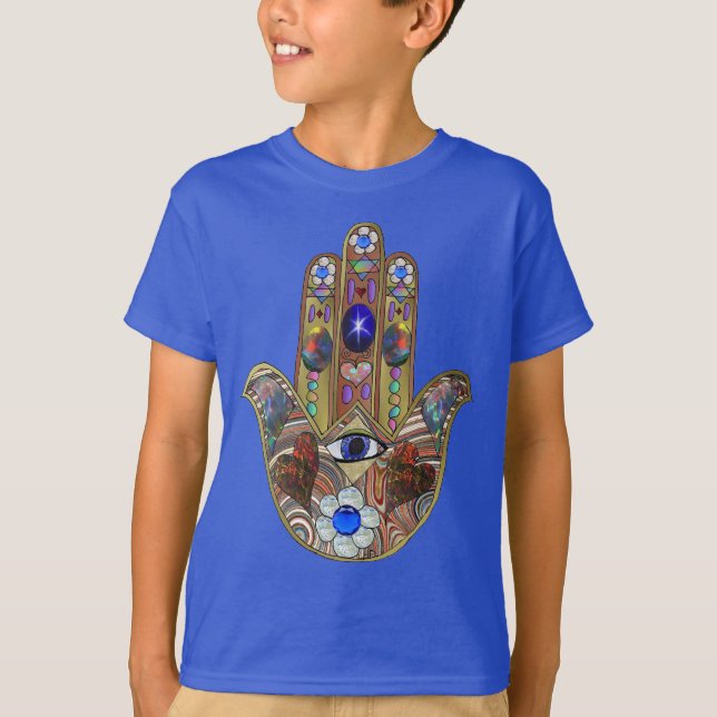 Judaica Hamsa Hearts Flowers Opal Art Skriv ut Tee Shirt (Framsida)
