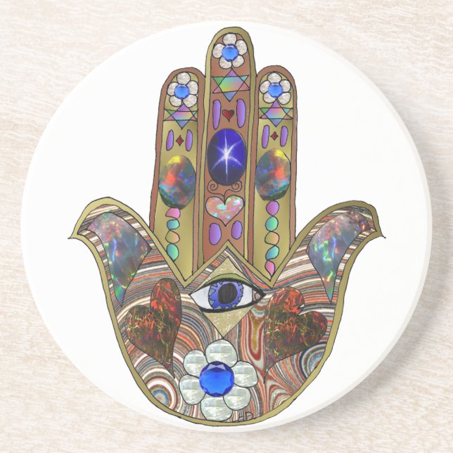 Judaica Hamsa Hearts Flowers Opal Art Skriv ut Underlägg Sandsten (Framsidan)