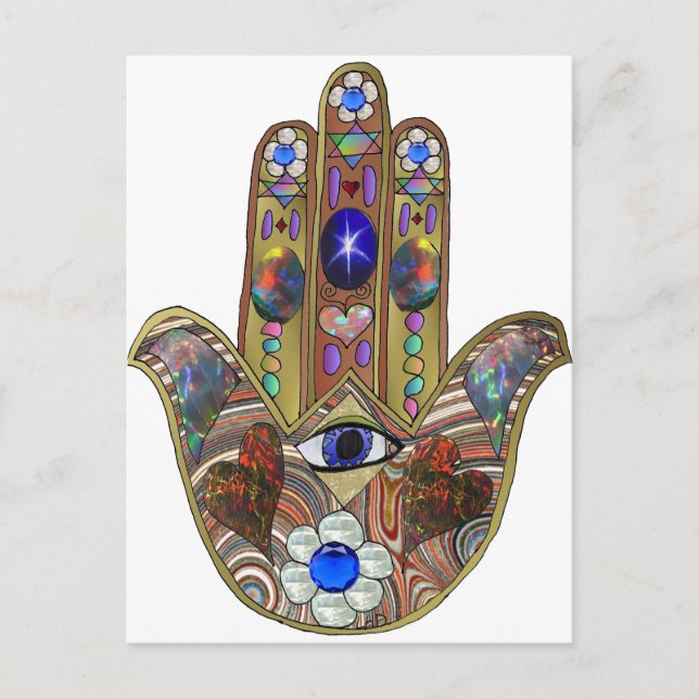 Judaica Hamsa Hearts Flowers Opal Art Skriv ut Vykort (Framsida)