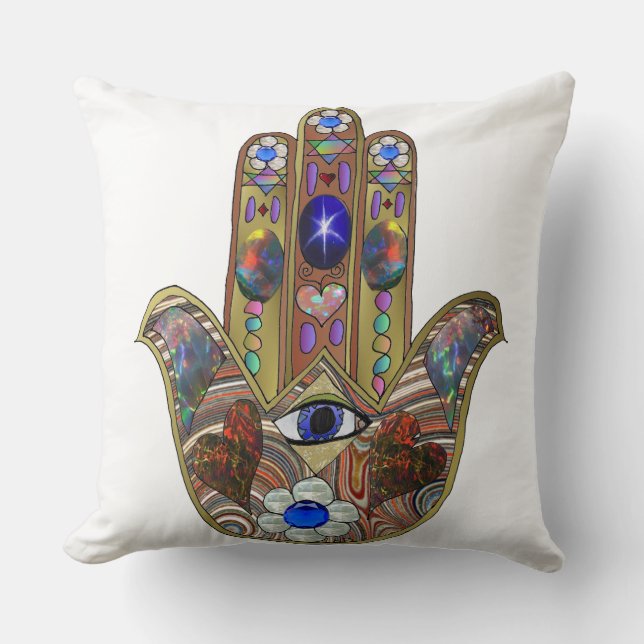 Judaica Hamsa Hjärtan Blommor Opal Konsttryck Kudde (Framsida)