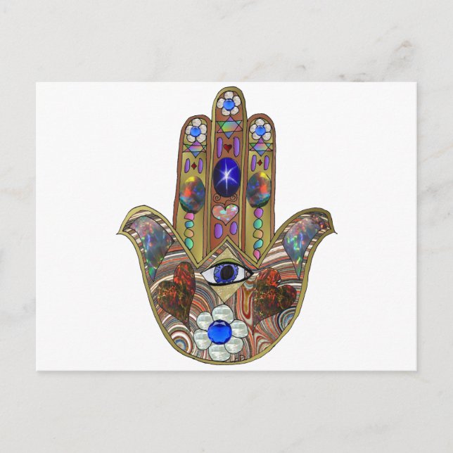 Judaica Hamsa Hjärtan Blommor Opal Konsttryck Vykort (Framsida)