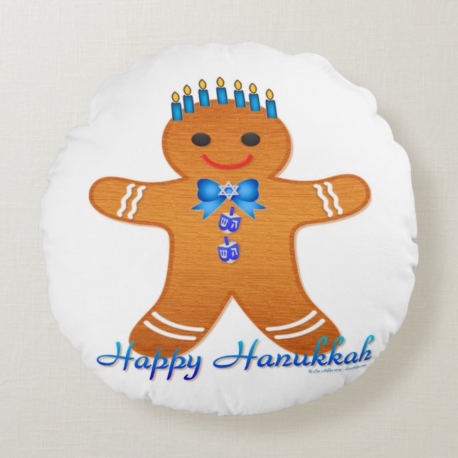 Judaica Hanukkah Pepparkaksgubbe Menorah Rund Kudde (Framsidan)