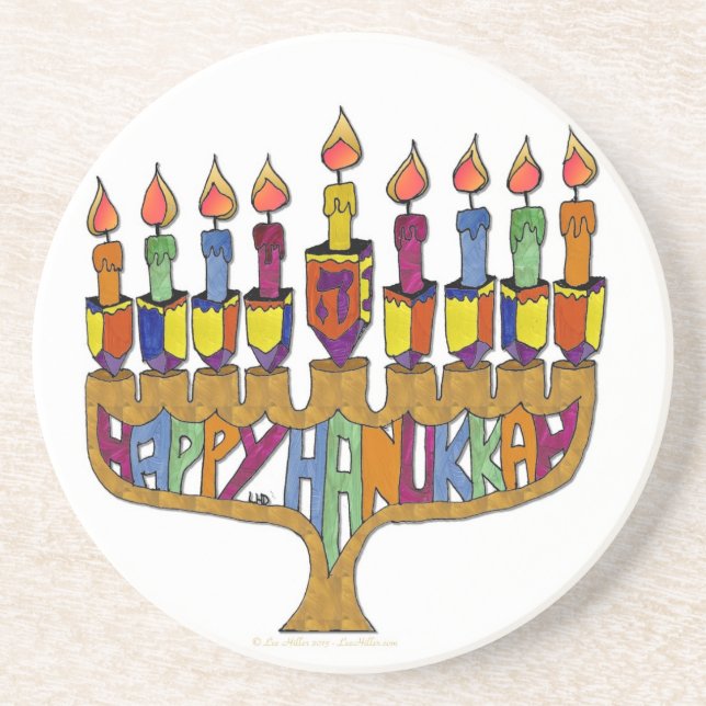 Judaica Happy Hanukkah Dreidel Menorah Underlägg Sandsten (Framsidan)