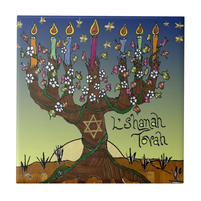 Judaica L'shanah Tovah Livets träd Ceramic Tile Kakelplatta (Framsidan)