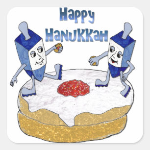 Judaica Lycklig Hanukkah Dancing Dreidels Doughnut Fyrkantigt Klistermärke