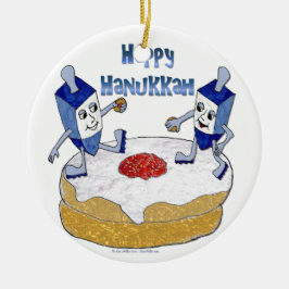 Judaica Lycklig Hanukkah Dancing Dreidels Doughnut Julgransprydnad Keramik
