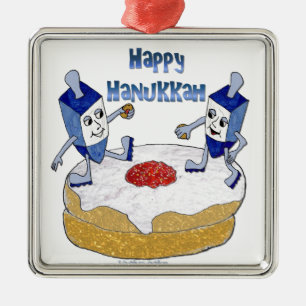 Judaica Lycklig Hanukkah Dancing Dreidels Doughnut Julgransprydnad Metall