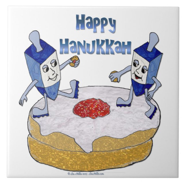 Judaica Lycklig Hanukkah Dancing Dreidels Doughnut Kakelplatta (Framsidan)