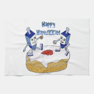 Judaica Lycklig Hanukkah Dancing Dreidels Doughnut Kökshandduk
